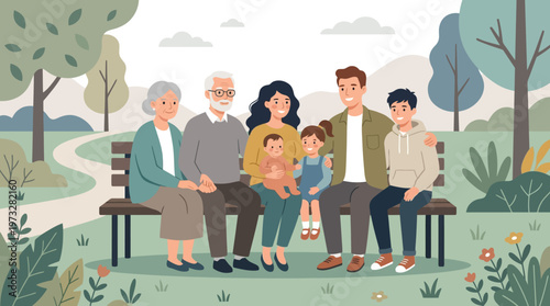 Multi-Generational Family Sitting on a Park Bench Illustration, Vector Cartoon of Grandparents, Parents, and Children Spending Time Together Outdoors in a Green Nature Park