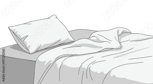 An expressive line drawing captures the casual appearance of an unmade bed with a wrinkled duvet and a solitary pillow resting on a simple gray mattress.