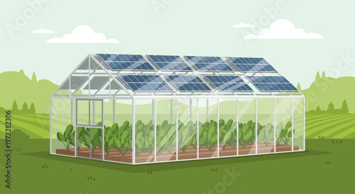 Eco-friendly greenhouse with solar panels on roof, sustainable agriculture, green energy