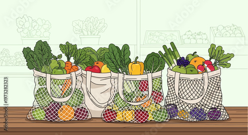 Eco-friendly grocery bags filled with fresh fruits and vegetables on a wooden table