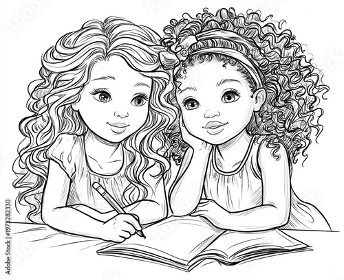 Two girls learn and have fun together while drawing