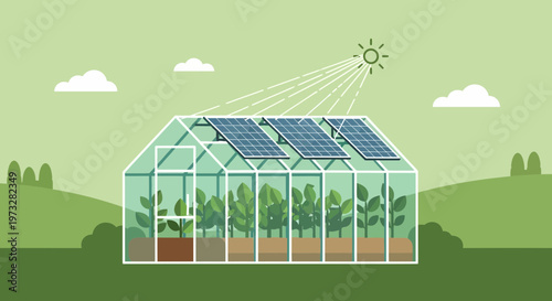 Eco-friendly greenhouse with solar panels, growing plants, sustainable agriculture, renewable energy concept