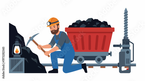 This image depicts a miner engaged in coal extraction, emphasizing the hard work involved in mining operations and showcasing a coal cart and miner's tools.