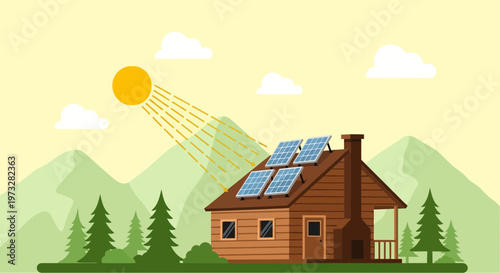 Eco-friendly house with solar panels on roof, harnessing sun energy in a natural landscape.