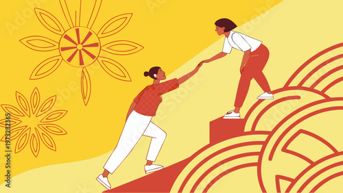 Two women helping each other climb stairs, symbolizing teamwork and support.