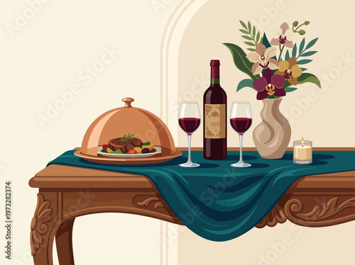 An elegantly arranged table featuring wine glasses, a gourmet meal under a cloche, and floral decor, evoking a sense of fine dining and celebration.