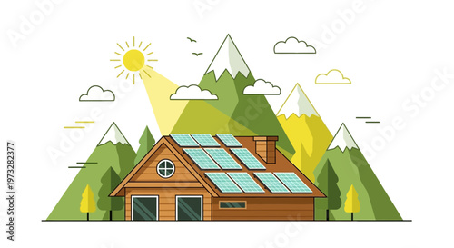 Eco-friendly house with solar panels on roof, surrounded by mountains and green trees.