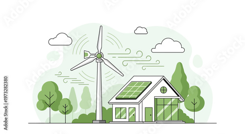 Eco-friendly house with solar panels and wind turbine, green energy concept