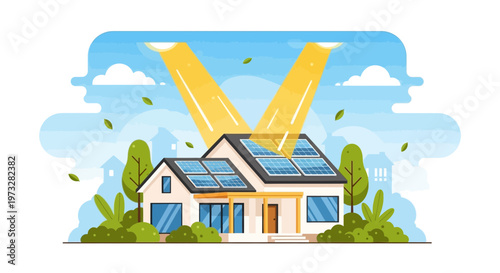 Eco-friendly house with solar panels on roof, powered by sun, sustainable energy concept