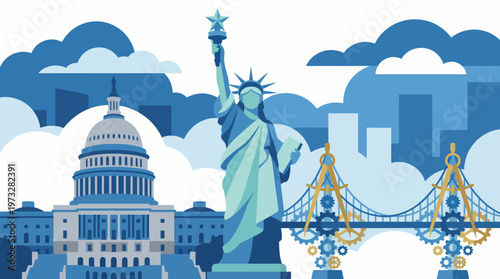 This artistic representation features iconic New York City landmarks like the Statue of Liberty, Capitol building, and bridge, styled in blue tones and geometric shapes.
