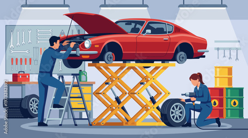 Two mechanics diligently service and repair a classic vintage car in a garage, highlighting their skills, tools, and teamwork in automotive restoration and maintenance.