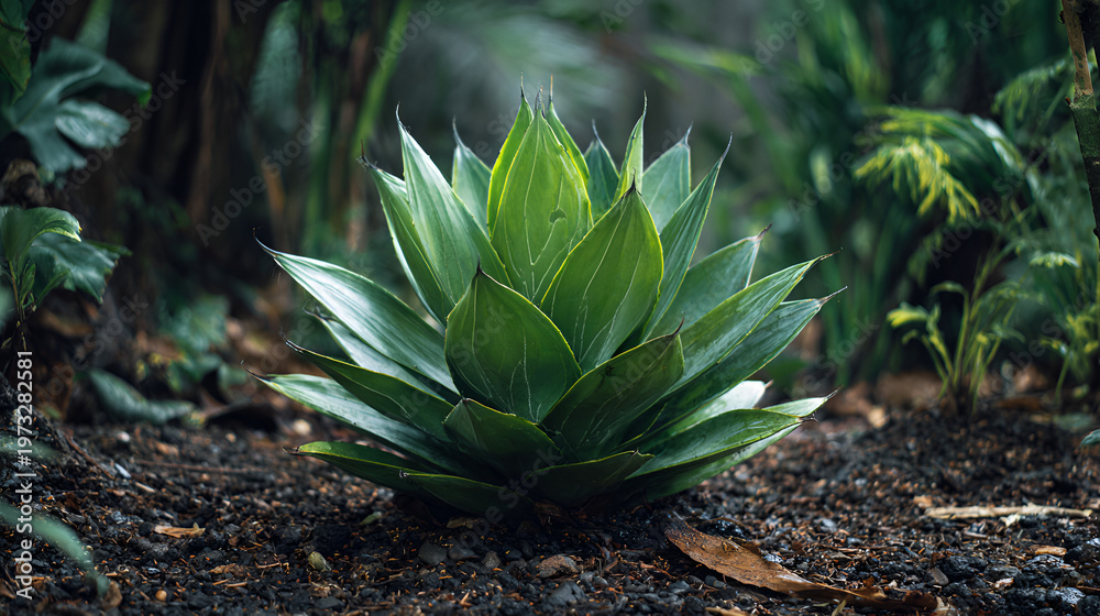 Fototapeta premium Isolated agave plant with spiky green leaves in a tropical garden ready to be planted