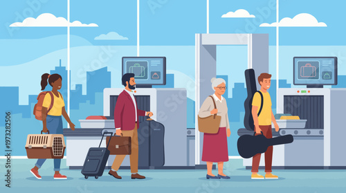 A diverse group of travelers moves through an airport security checkpoint, emphasizing the importance of safety and efficiency in modern travel and the variety of people's experiences.