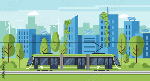 Eco-friendly tram in a green city with sustainable buildings and wind turbines