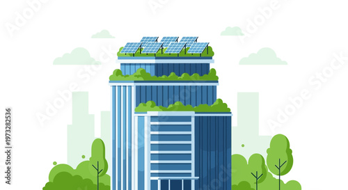 Eco-friendly skyscraper with green roof, solar panels, and urban trees