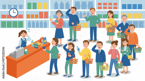 A hectic grocery store scene filled with confused shoppers and one cashier, capturing the common challenges faced during busy shopping times.
