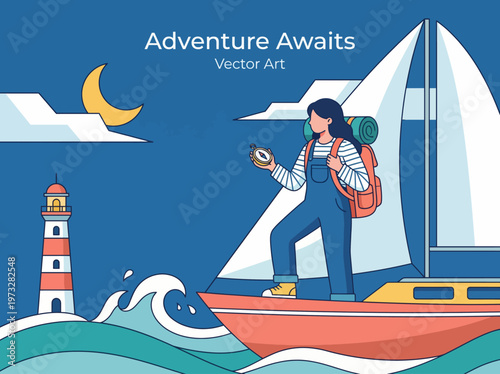 An adventurous sailor stands on a sailboat with a compass in hand, embodying exploration, freedom, and the thrill of adventure on the open seas.