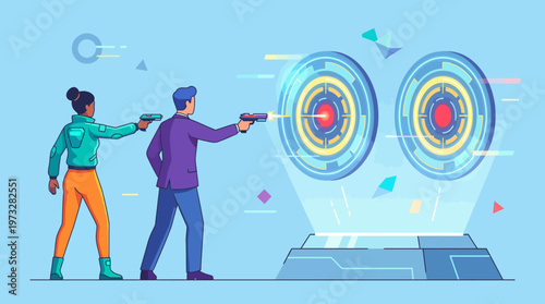 Two characters are aiming at high-tech targets in a vibrant, futuristic setting, highlighting intense competition and advanced technology in a gaming scenario.