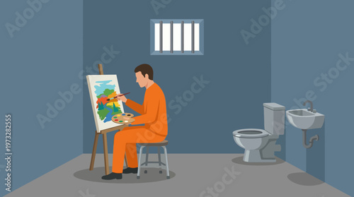 A solitary artist, dressed in orange, paints a vibrant scene within a stark prison cell, symbolizing creativity and hope even in confinement under challenging circumstances.