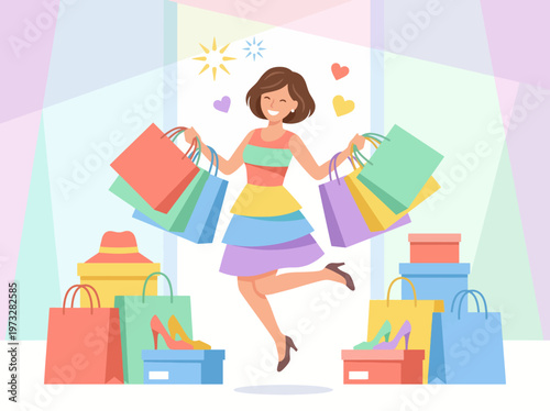 A cheerful woman in a vibrant dress is shopping with colorful bags, representing enjoyment, fashion, and the excitement of discovering new trends and personal style.