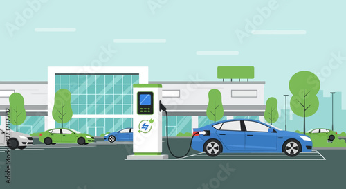 Electric Cars Charging at Station in Modern City Parking Lot