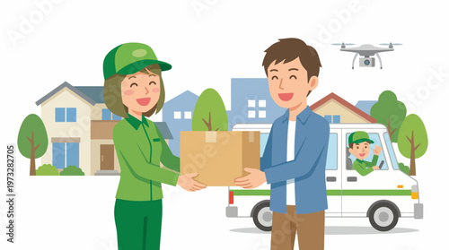 This image depicts cheerful delivery workers interacting with customers, showcasing modern delivery services and technology such as drones in a suburban community environment.