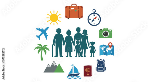 Multi-generational Family Travel and Vacation Concept Illustration with Global Tourism Icons