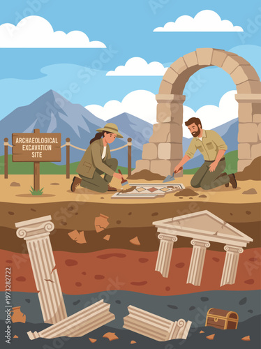 Explorers working together at an archaeological site, carefully uncovering ancient artifacts and examining maps against a backdrop of mountains and historical structures.