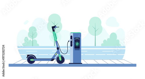 Electric Scooter Charging Station with Modern Scooter on Sidewalk