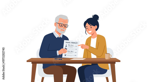 Senior Man and Young Woman Planning European Vacation with Travel Itinerary Illustration