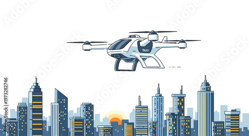 A futuristic white passenger drone taxi soars gracefully above a dense metropolitan skyline as a glowing orange sun sets behind the distant city buildings.