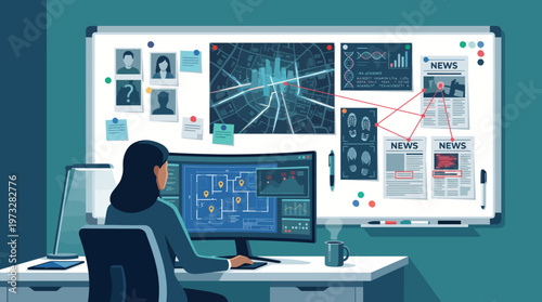 A focused detective analyzing data on a sophisticated computer setup, with various visual aids and newspaper clippings pinned, highlighting a modern investigation environment.
