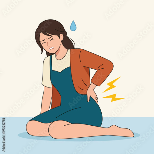 A woman experiencing back pain, depicted in a relatable illustration, highlighting the physical discomfort and stress associated with common health issues and postural challenges.