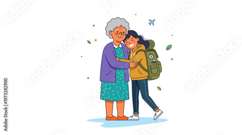Heartwarming illustration of a grandmother hugging her granddaughter before a backpacking trip, symbolizing family support, farewell, and travel adventure.