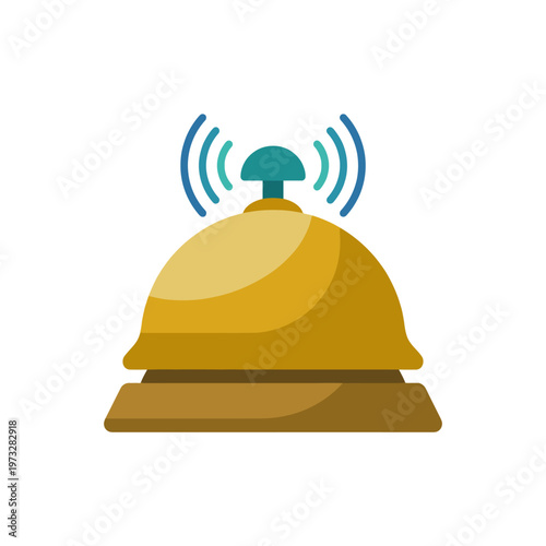 This image features a shiny, golden hotel reception bell with sound waves emanating from it, symbolizing communication and service in hospitality settings.