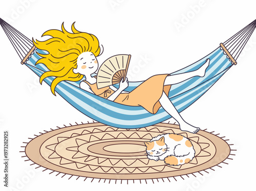 A serene illustration of a woman enjoying a moment of relaxation in a hammock, with a friendly cat nearby, showcasing tranquility and the comforts of home.