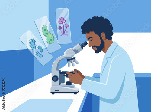 An illustration depicting a scientist using a microscope to analyze microbiological slides, emphasizing scientific research and exploration in a lab setting.
