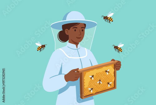 An illustration of a beekeeper inspecting a honeycomb surrounded by bees, portraying the harmonious relationship between humans and nature in beekeeping practices.