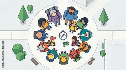 Diverse Group of Hikers Standing in a Circle Around a Compass and Map, Vector Illustration of Teamwork, Navigation, and Leadership Concept
