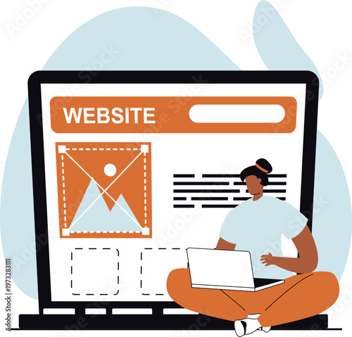 Person designing a website while working on a laptop and viewing it on a desktop monitor