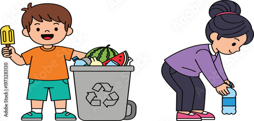 Kids Recycling Waste Set Featuring Children Throwing Garbage into Recycling Bin and Collecting Plastic Bottles Environmental Protection Cartoon Vector Illustration
