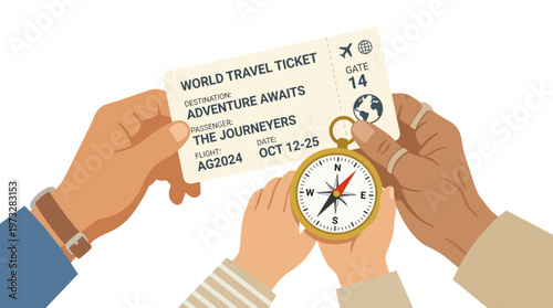 Family Adventure Planning with Hands Holding World Travel Ticket and Compass Vector Illustration