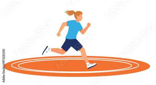 A determined female athlete with a blonde ponytail wearing a blue t-shirt and dark shorts runs at a steady pace on a vibrant orange circular athletic track.