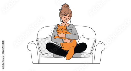 A peaceful young woman with her hair styled in a bun sits comfortably on a white sofa while affectionately hugging a large fluffy orange domestic cat.