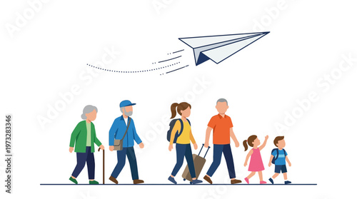 Multigenerational family traveling with luggage and flying paper airplane icon, migration and journey concept illustration vector