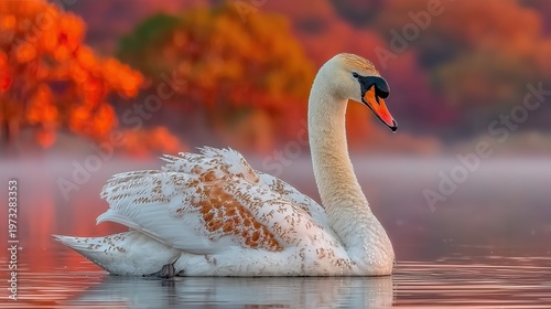Swan swims in a lake surrounded by colorful trees in autumn