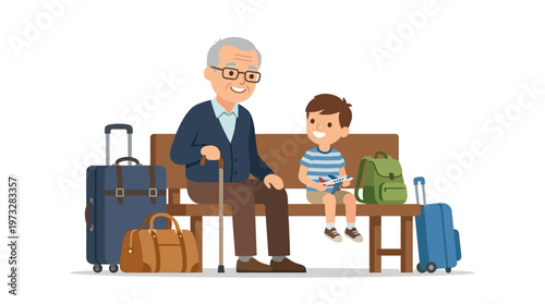Grandfather and Grandson Sitting on Bench with Luggage Waiting for Travel, Intergenerational Family Vacation Illustration