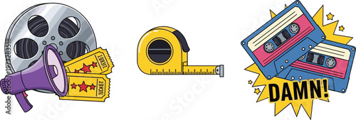 Retro Media and Entertainment Icon Set Featuring Film Reel Megaphone Tickets Cassette Tape and Measuring Tape Vintage Cartoon Vector Illustration