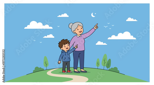 Happy Grandmother and Grandson Stargazing on a Green Hill, Heartwarming Cartoon Illustration of Family Bonding and Outdoor Discovery