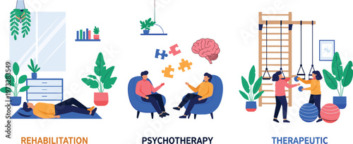 Rehabilitation Psychotherapy and Therapeutic Treatment Set Featuring Mental Health Counseling Physical Therapy Exercises and Recovery Process Cartoon Vector Illustration
